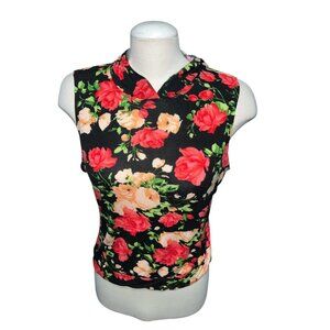 Love J Womens Sleeveless Floral Hoodie Top Black & Red Sz Large